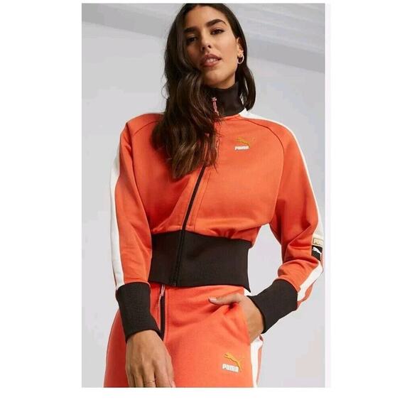 Puma Crop Jacket T7 Womens Sz M New Orange Black Striped Athletic Full Zip - Picture 2 of 10